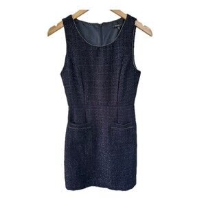 Monteau Navy Metallic Tweed Gold Hardware Trim Front Open Pockets Shift Dress S